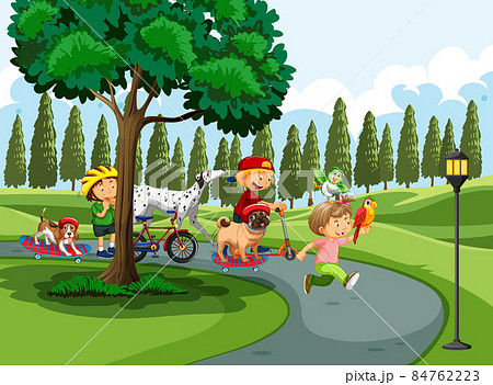Children playing with their animals at the park 84762223