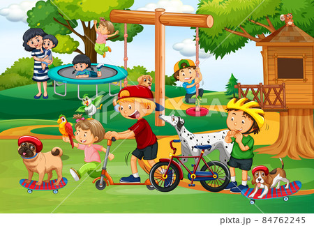 Kids playing with their animals at the playground Kids playing with their animals at the playground 84762245