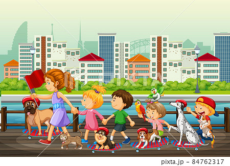 Children walking with their animals in the city Children walking with their animals in the city 84762317