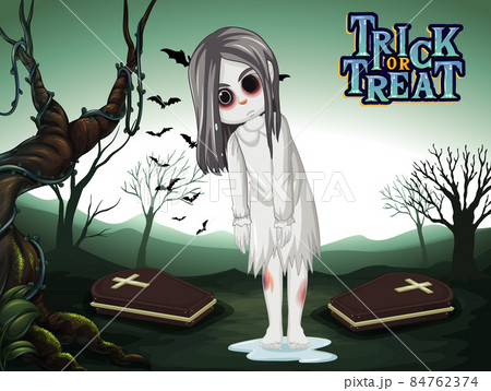 Little ghost girl with black eyes on dark forest background 84762374