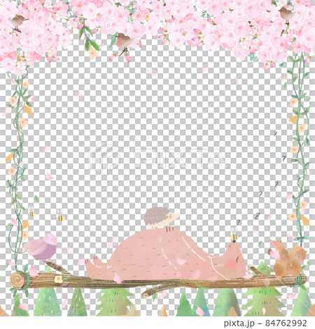 Fashionable Scandinavian white back frame of cute animals riding on a swing made of log trees under a cherry tree Fashionable Scandinavian white back frame of cute animals riding on a swing made of log trees under a cherry tree 84762992