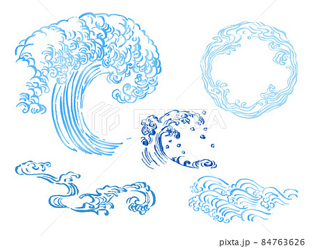 和風イラスト 毛筆のダイナミックな青い波セット 海や水しぶき 和波コレクション かすれ 線画 曲線のイラスト素材