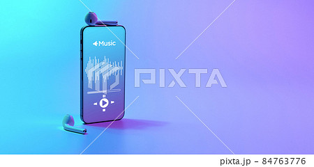 Music icon. Audio equipment with beats, sound headphones, music application on mobile smartphone screen. Radio recording sound voice on neon gradient background. Broadcast media music concept. Music icon. Audio equipment with beats, sound headphones, music application on mobile smartphone screen. Radio recording sound voice on neon gradient background. Broadcast media music concept. 84763776