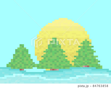 Winter landscape in pixel art style. 8 bit sun and snow-covered hills with fir trees. Snowy wavy landscape. Design for prints and posters, promotional items. Vector illustration 84763858