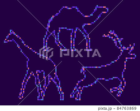 Pixel animals deer, camel and giraffe. Animal icons in 8 bit retro video game style. Pixel art style. Design for banners, posters and prints. Vector illustration 84763869