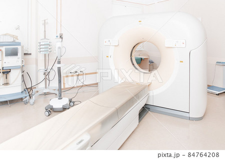Medical CT or MRI Scan in the modern hospital laboratory. Interior of radiography department. Technologically advanced equipment in white room. Magnetic resonance diagnostics machine. 84764208