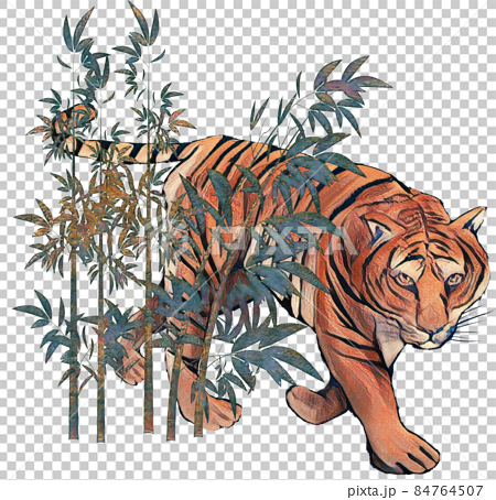 手書きのかっこいい虎と竹林のイラスト素材