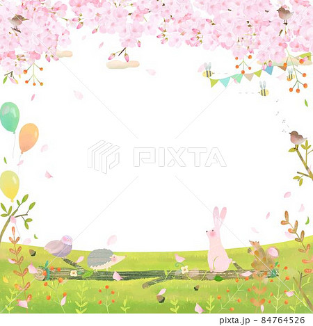 桜の木の下で丸太に座るかわいい森の動物たちの北欧風おしゃれな白バックのベクターイラスト 84764526