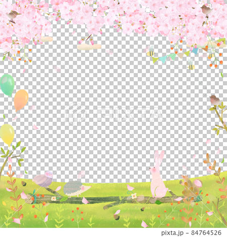 桜の木の下で丸太に座るかわいい森の動物たちの北欧風おしゃれな白バックのベクターイラスト 84764526