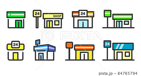 コンビニ店舗お店ショップのベクターアイコンイラスト素材カラーセット 84765794