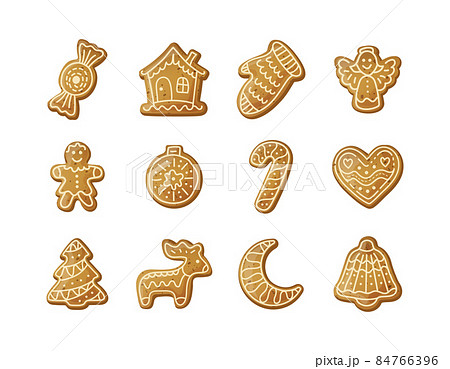 Gingerbread holidays cookies. Christmas or New Year winter food with decorated glazed sugar. Gingerbread cookies in shape of reindeer, house, candy, mitten, bell, gingerbread man, moon, ange vector Gingerbread holidays cookies. Christmas or New Year winter food with decorated glazed sugar. Gingerbread cookies in shape of reindeer, house, candy, mitten, bell, gingerbread man, moon, ange vector 84766396