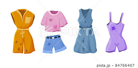 Clothes with dirt stains set. Top, hoodie, sweatshirt, dress, t- shirt, overall, shorts dirty spots 84766407