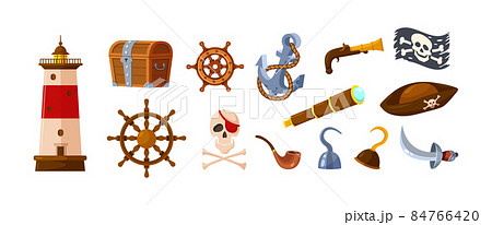 Adventure pirate equipment set. Treasure chest, gunshot, hook, note bottle, anchor, skull Adventure pirate equipment set. Treasure chest, gunshot, hook, note bottle, anchor, skull 84766420
