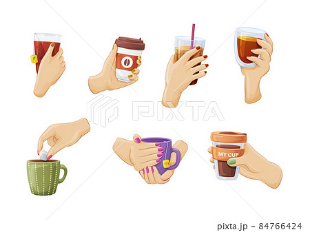 Female hands holding different beverage set. Woman drinking coffee paper cup, hot tea mug Female hands holding different beverage set. Woman drinking coffee paper cup, hot tea mug 84766424