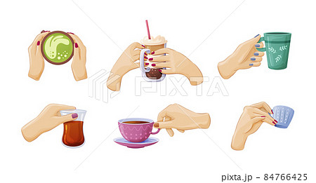 Female hands holding different beverage set. Woman drinking coffee paper cup, hot tea mug Female hands holding different beverage set. Woman drinking coffee paper cup, hot tea mug 84766425