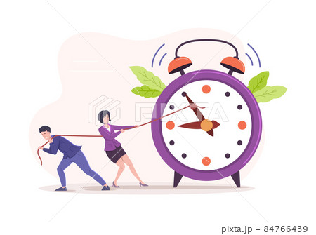 Tiny man and woman scared pulling alarm clock arrows effective time management, planning, deadlines 84766439