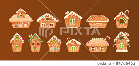 Different cute gingerbread Christmas winter houses. Set of holiday candy cookies in buildings shapes. Different cute gingerbread Christmas winter houses. Set of holiday candy cookies in buildings shapes. 84766452