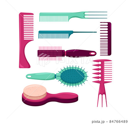 Multicolored comb set. Hairbrush different shapes. Fashion equipment hairdresser style accessories 84766489