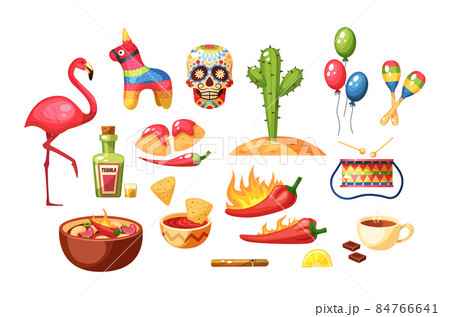 Set of traditional Mexican food with Cinco de Mayo celebration. Mexico holiday with pinata, spicy dish, cactus and tequila. National elements of greeting Hispanic festival with sugar skull 84766641