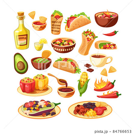 Traditional Mexican cuisine food set. National Mexico dish with meat, hot peppers, avocado, spices, tacos, burritos and tequila. Gourmet fresh serving meal, icons carnival Cinco de mayo Traditional Mexican cuisine food set. National Mexico dish with meat, hot peppers, avocado, spices, tacos, burritos and tequila. Gourmet fresh serving meal, icons carnival Cinco de mayo 84766653