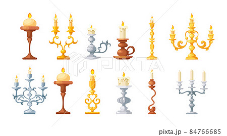 Retro candles in candlesticks set. Retro vintage candle holders, chandelier and candelabrums with burning flames Retro candles in candlesticks set. Retro vintage candle holders, chandelier and candelabrums with burning flames 84766685