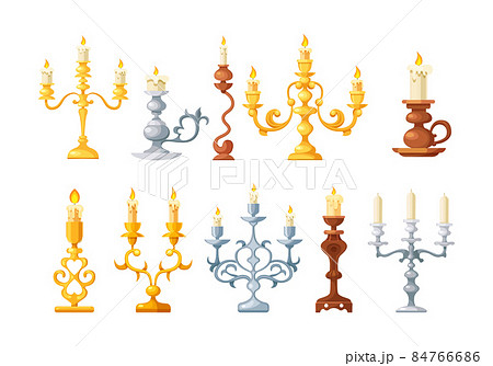 Set of candles in retro candlesticks. Different antique metallic holder for burning candles with curved twisted elements. Golden, silver and bronze vintage interior accessories 84766686