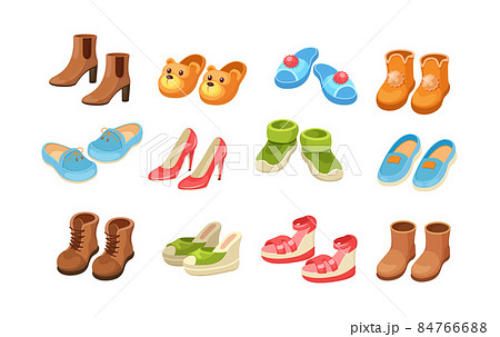 Set shoes. Comfortable kids and adult footwear for activity walking outdoor, domestic, beach recreation, doing sports. Footgear pairs, house slippers, sneakers, sandals, flip flops Set shoes. Comfortable kids and adult footwear for activity walking outdoor, domestic, beach recreation, doing sports. Footgear pairs, house slippers, sneakers, sandals, flip flops 84766688