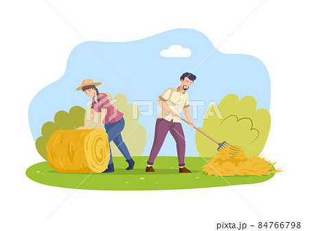 Couple farmers hay harvesting together. Man and woman agricultural worker collect harvest pitchfork 84766798