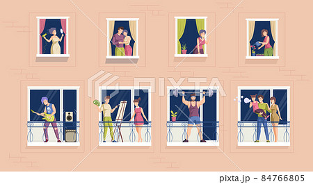 People spending time on balcony or looking at window. Neighbor person at residential apartment 84766805