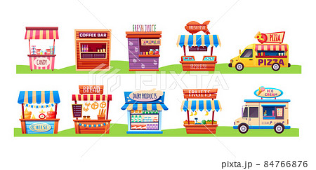 Food market. Set of street kiosk, car, truck, van selling fruits, bread, pizza, dairy product, candy, cheese, ice cream, coffee bar, fresh fish. 84766876