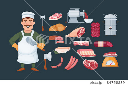 Butcher man with kitchen accessories for cutting and meat fresh steaks. Meat-grinder, knives, hammer, hatchet. Sausages, cervelat, meat steak, salami, bacon, fried chicken Butcher man with kitchen accessories for cutting and meat fresh steaks. Meat-grinder, knives, hammer, hatchet. Sausages, cervelat, meat steak, salami, bacon, fried chicken 84766889