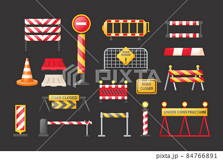 Traffic road repair barriers set. Safety barricade, roadblocks, warning alert signs. Construction fences, warning detour, repair hurdle, safety barricade warning Traffic road repair barriers set. Safety barricade, roadblocks, warning alert signs. Construction fences, warning detour, repair hurdle, safety barricade warning 84766891