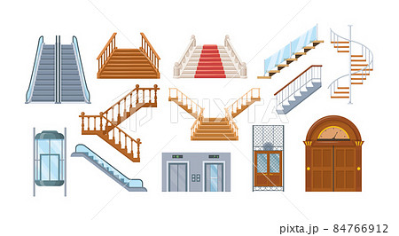 Wooden and metal staircase with handrails. Wooden staircases with a fence, spiral staircase, store escalator, floor to floor ladder. 84766912