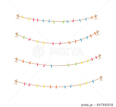 Collection of multicolored clothespin on clothes line holding rope. Laundry drying on clothespin. Clothesline for household 84766958