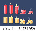Burning candles flame set. Cartoon burning yellow and red wax candles on the different stages of burning from a whole before an extinguished candle to cinder 84766959