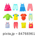 Multicolored seasonal childish clothes set. Ornamental cute wardrobe clothing for little boy or girl 84766961