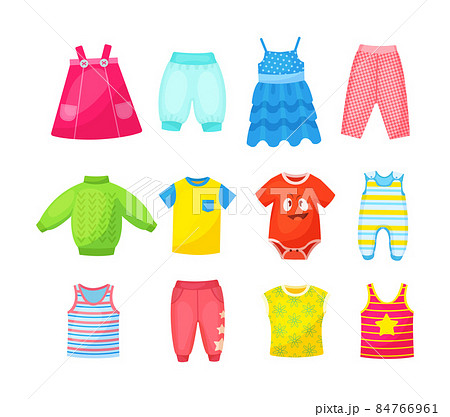 Multicolored seasonal childish clothes set. Ornamental cute wardrobe clothing for little boy or girl Multicolored seasonal childish clothes set. Ornamental cute wardrobe clothing for little boy or girl 84766961