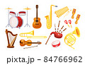 Musical metal wood acoustic instruments set: violin, tambourine, harp, trombone, bagpipe, saxophone, accordion, guitar, drum, tambourine, bagpipes, maracas, rumba 84766962