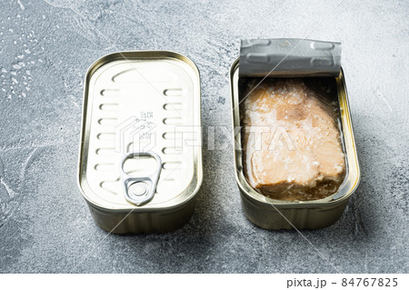 Canned wild Trout, in tin can, on gray background 84767825
