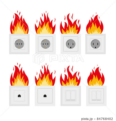 The concept of short circuit in the socket. electric fire. Flame from sockets in a flat style. Electrical connection to overload. Design isolated on white. Vector The concept of short circuit in the socket. electric fire. Flame from sockets in a flat style. Electrical connection to overload. Design isolated on white. Vector 84768402