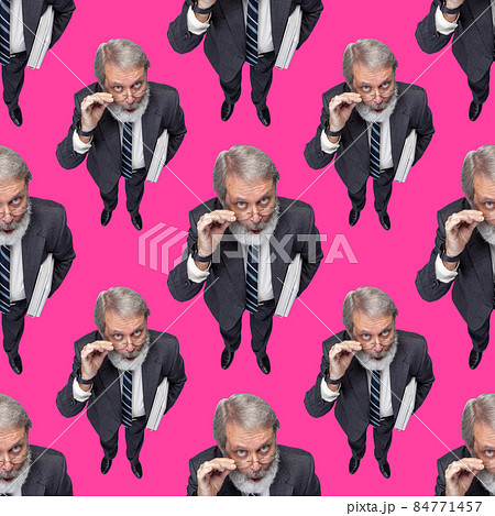 Seamless pattern. Funny elderly gray-bearded man, professor looking at camera isolated on magenta studio background. Seamless pattern. Funny elderly gray-bearded man, professor looking at camera isolated on magenta studio background. 84771457