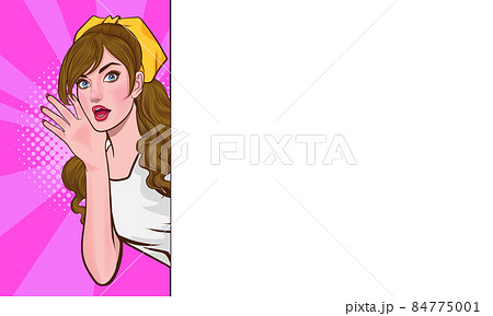 woman is peeking behind a white board and telling something woman is peeking behind a white board and telling something 84775001