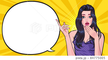 surprised woman telling something and pointing speech bubble 84775005