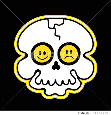 Skull with sad and happy smile emoji eyes. Vector hand drawn doodle 70s style cartoon character illustration. Trippy smile face, skull concept 84775528
