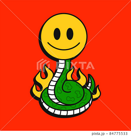 Snake in fire with smile emoji face t-shirt print design. Vector hand drawn logo cartoon character illustration. Snake,smile face,burn print for t-shirt, poster, cover, sticker concept 84775533