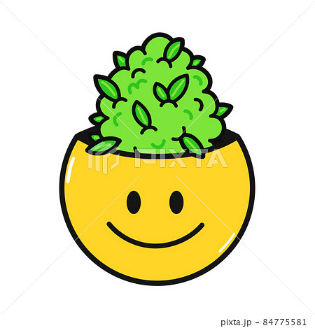 Funny smile face with cannabis bud inside.Vector hand drawn doodle 90s style cartoon character illustration.Trippy smile face,marijuana,cannabis,weed print for t-shirt,poster,card,patch, logo concept Funny smile face with cannabis bud inside.Vector hand drawn doodle 90s style cartoon character illustration.Trippy smile face,marijuana,cannabis,weed print for t-shirt,poster,card,patch, logo concept 84775581