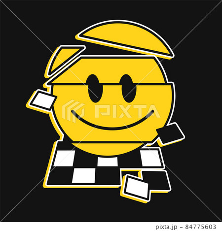 Funny crazy distortion line smile face on geometry chess grid.Vector crazy cartoon character illustration.Smile glitch distortion techno,trippy acid print for poster,sticker,t-shirt concept 84775603