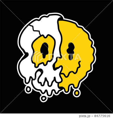 Half of skull with melt smile face inside. Vector hand drawn line doodle 70s style cartoon character illustration. Trippy half skull, psychedelic,smile emoji face print for t-shirt,poster,card concept 84775616