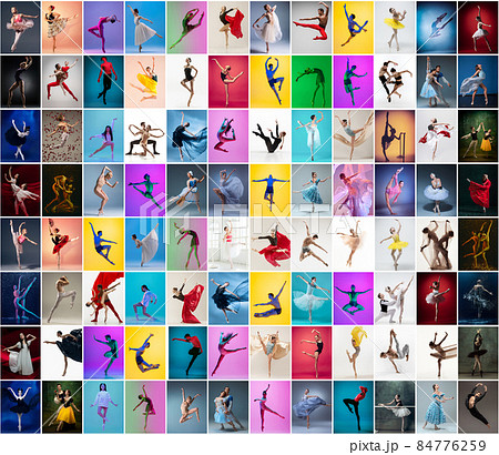 Art collage made of portraits of female and male ballet dancers in stage costumes dancing isolated on multicolored background in neon light. Art collage made of portraits of female and male ballet dancers in stage costumes dancing isolated on multicolored background in neon light. 84776259