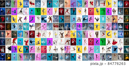 Art collage made of portraits of female and male ballet dancers in stage costumes dancing isolated on multicolored background in neon light. Art collage made of portraits of female and male ballet dancers in stage costumes dancing isolated on multicolored background in neon light. 84776263